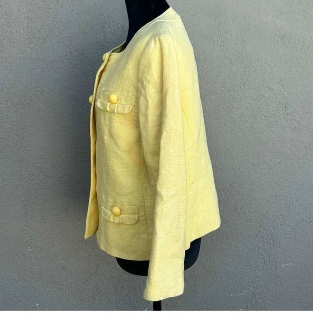 Talbots Petites Yellow Textured Button‎ Front Blazer Jacket 12P Solid Round Neck